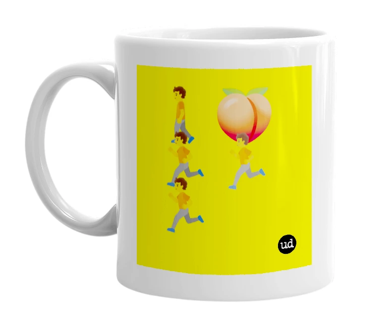 White mug with '🚶🍑🏃🏃🏃' in bold black letters