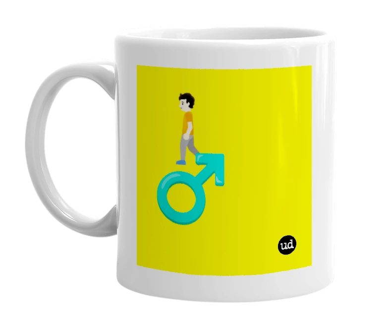 White mug with '🚶🏻 ♂️' in bold black letters