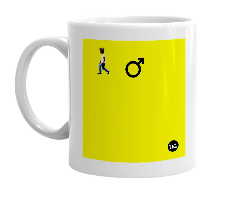 White mug with '🚶🏿 ♂️' in bold black letters
