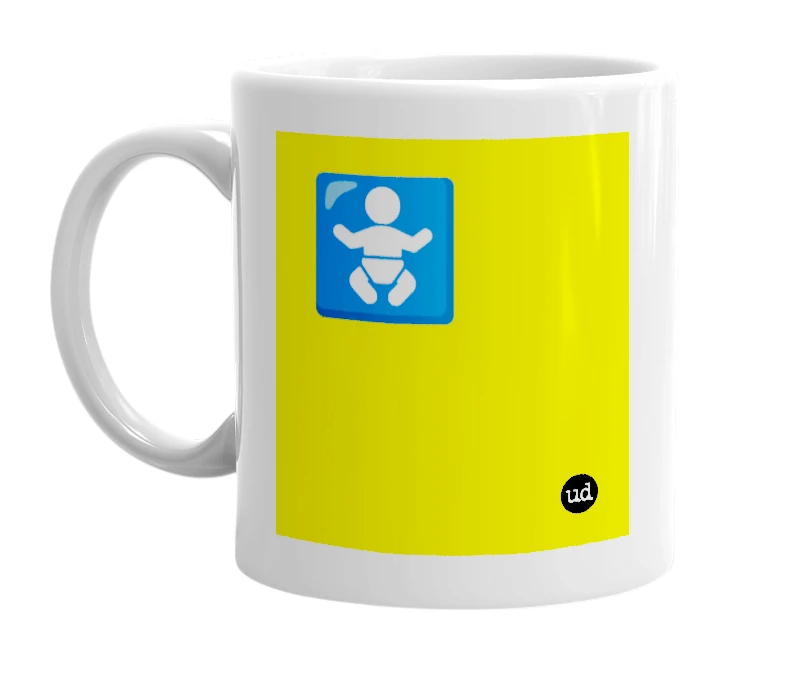 White mug with '🚼' in bold black letters