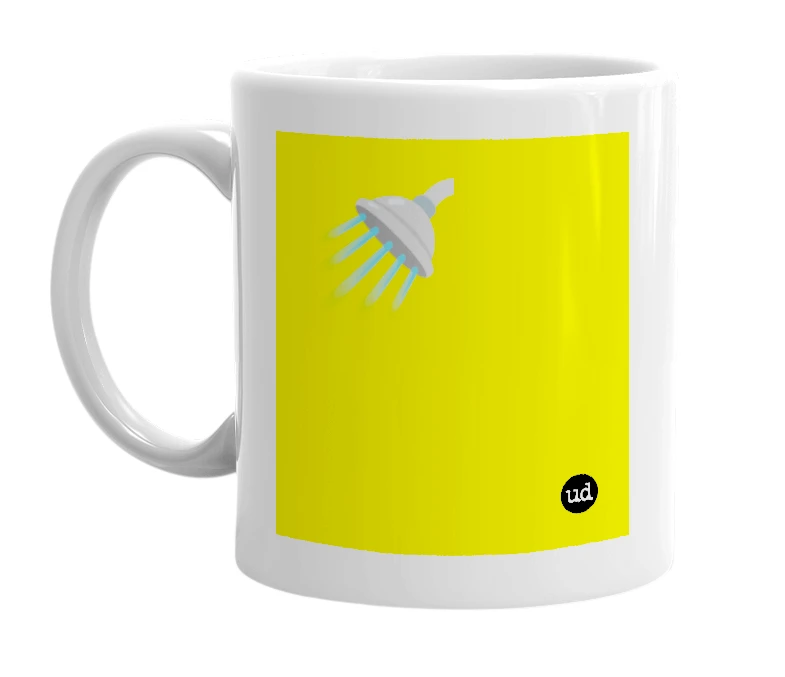 White mug with '🚿' in bold black letters