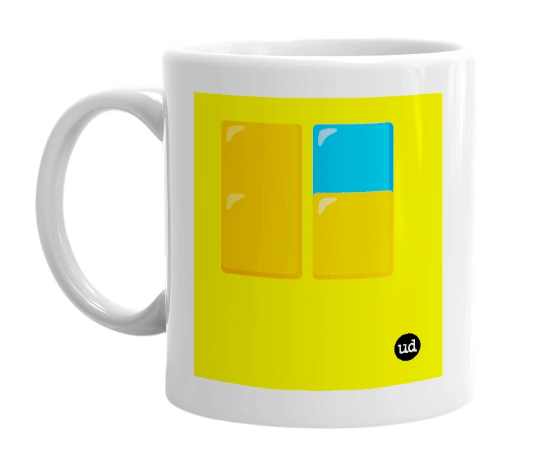 White mug with '🟧🟦🟧🟧' in bold black letters