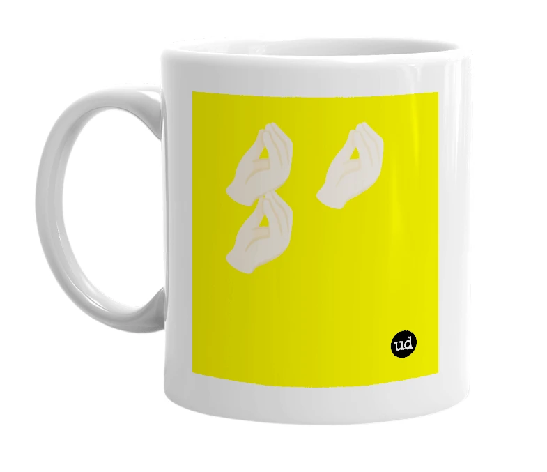 White mug with '🤌🏻🤌🏻🤌🏻' in bold black letters