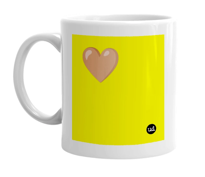 White mug with '🤎' in bold black letters