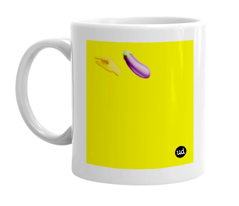 White mug with '🤏🍆' in bold black letters