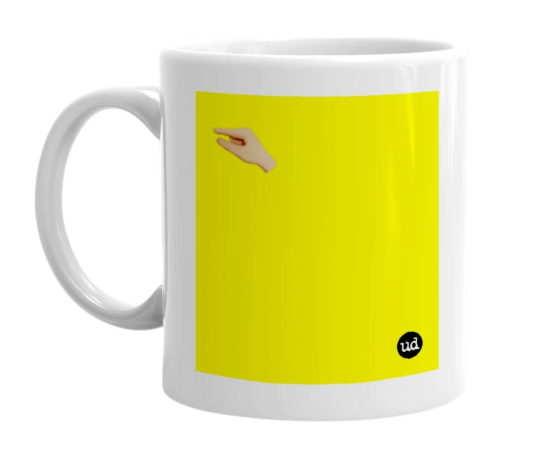 White mug with '🤏🏽' in bold black letters