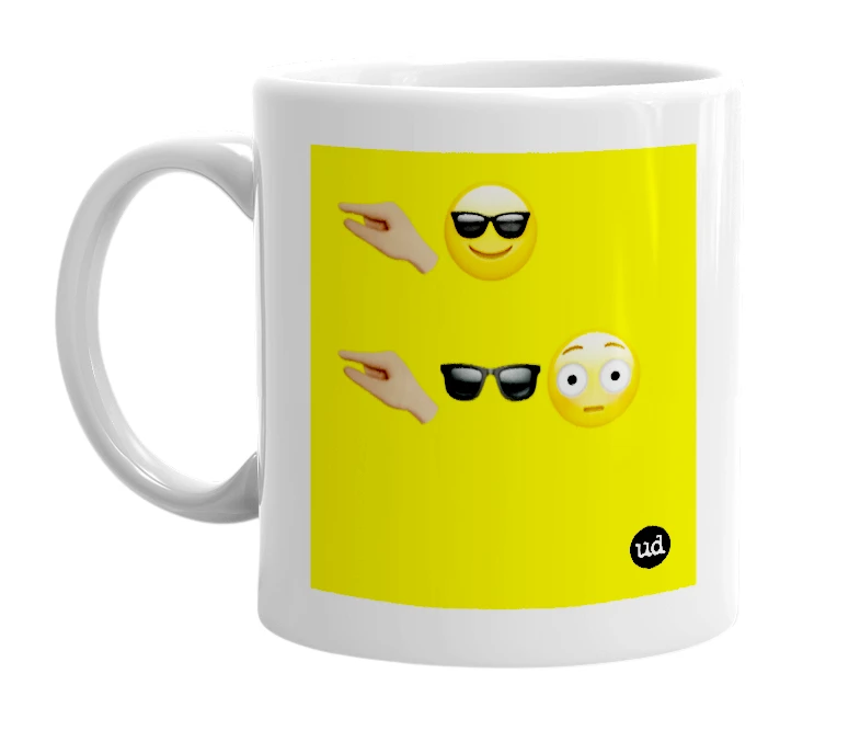 White mug with '🤏🏽😎 🤏🏽🕶️😳' in bold black letters