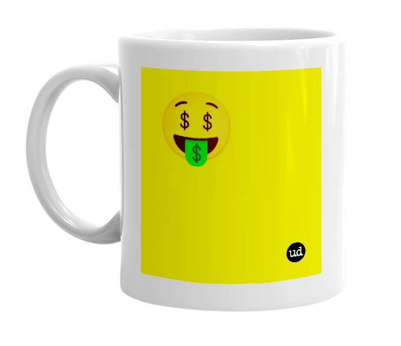 White mug with '🤑' in bold black letters