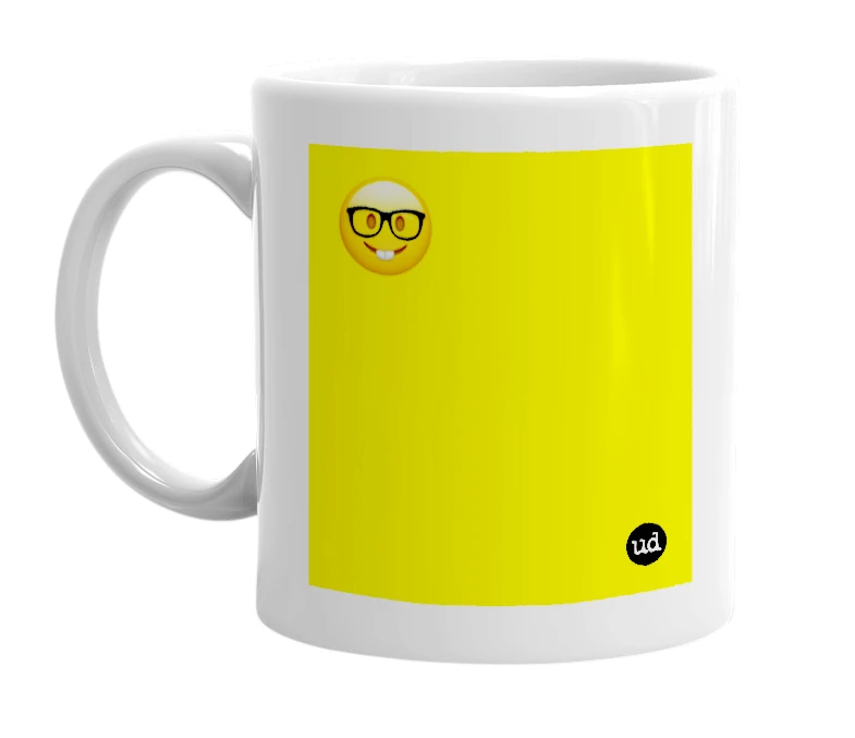 White mug with '🤓' in bold black letters