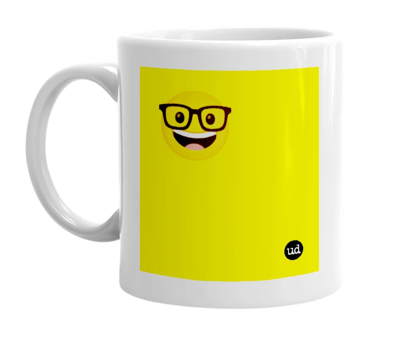 White mug with '🤓' in bold black letters
