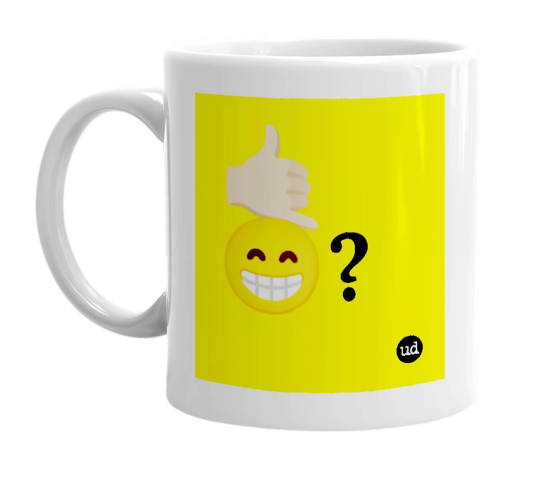 White mug with '🤙🏼😁?' in bold black letters