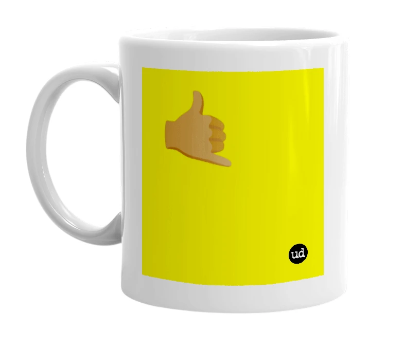 White mug with '🤙🏾' in bold black letters