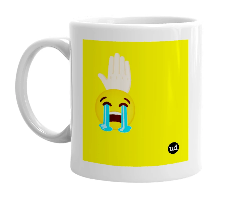 White mug with '🤚🏻😭' in bold black letters
