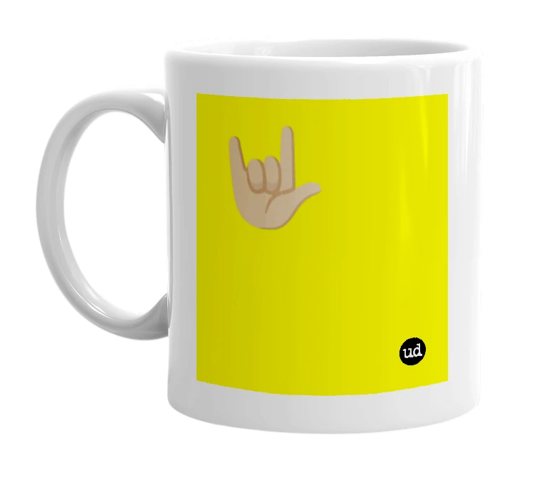 White mug with '🤟🏽' in bold black letters