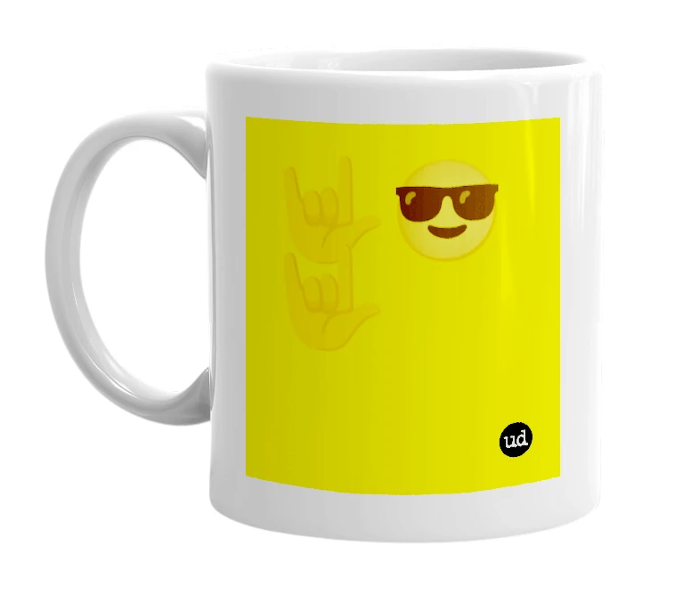 White mug with '🤟😎🤟' in bold black letters