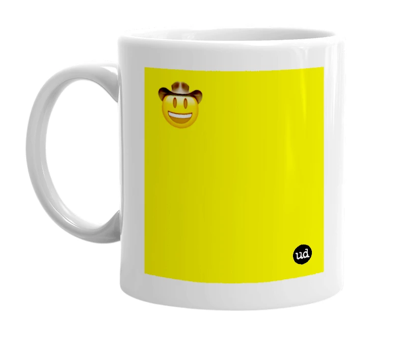 White mug with '🤠' in bold black letters