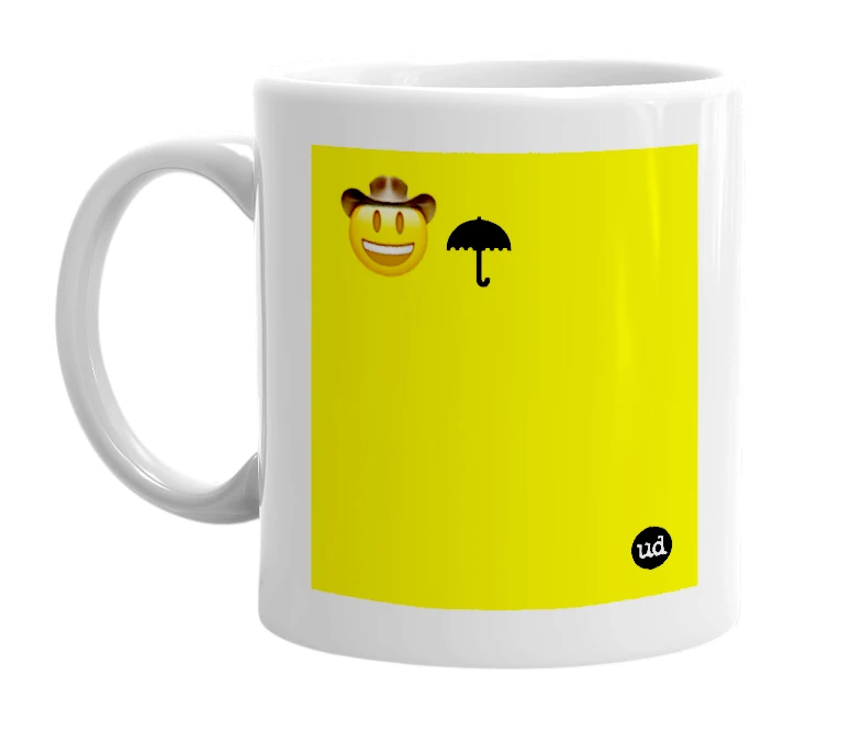 White mug with '🤠☂️' in bold black letters