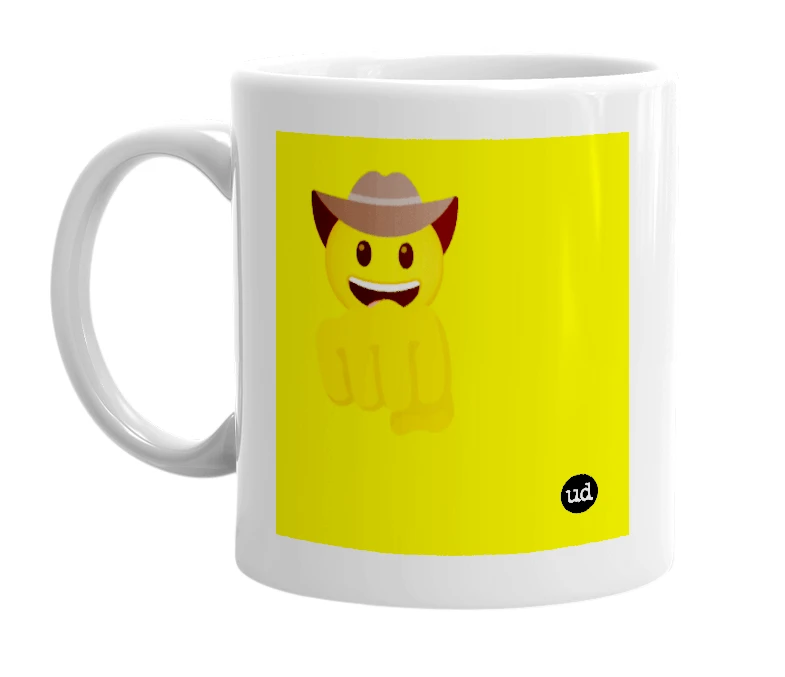White mug with '🤠👊' in bold black letters