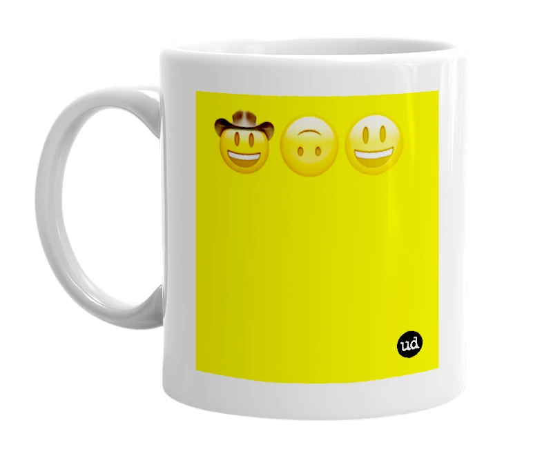 White mug with '🤠🙃😃' in bold black letters