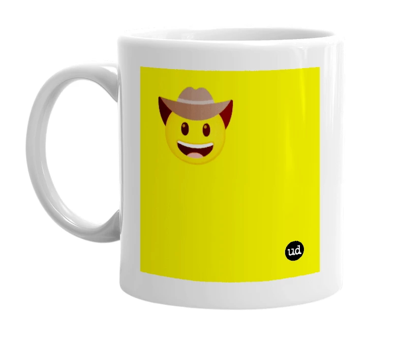 White mug with '🤠' in bold black letters