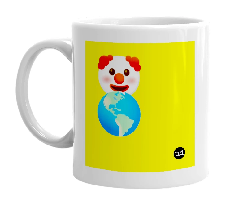 White mug with '🤡🌎' in bold black letters