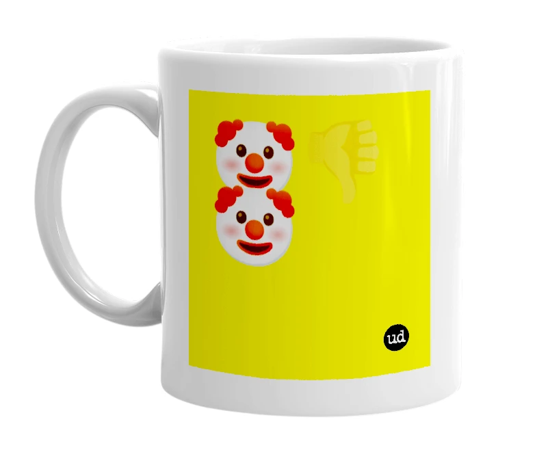 White mug with '🤡👎🤡' in bold black letters