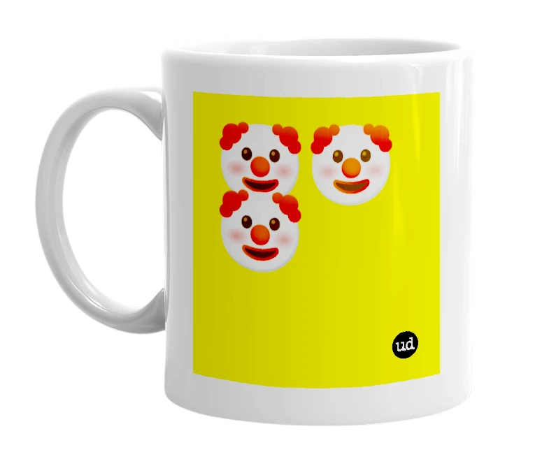 White mug with '🤡🤡🤡' in bold black letters
