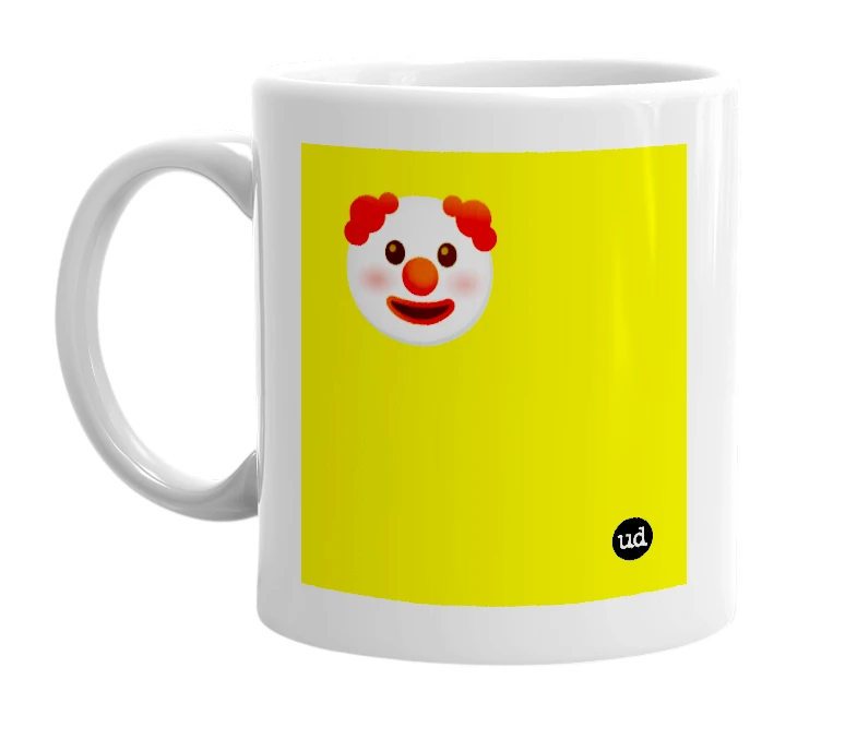 White mug with '🤡' in bold black letters