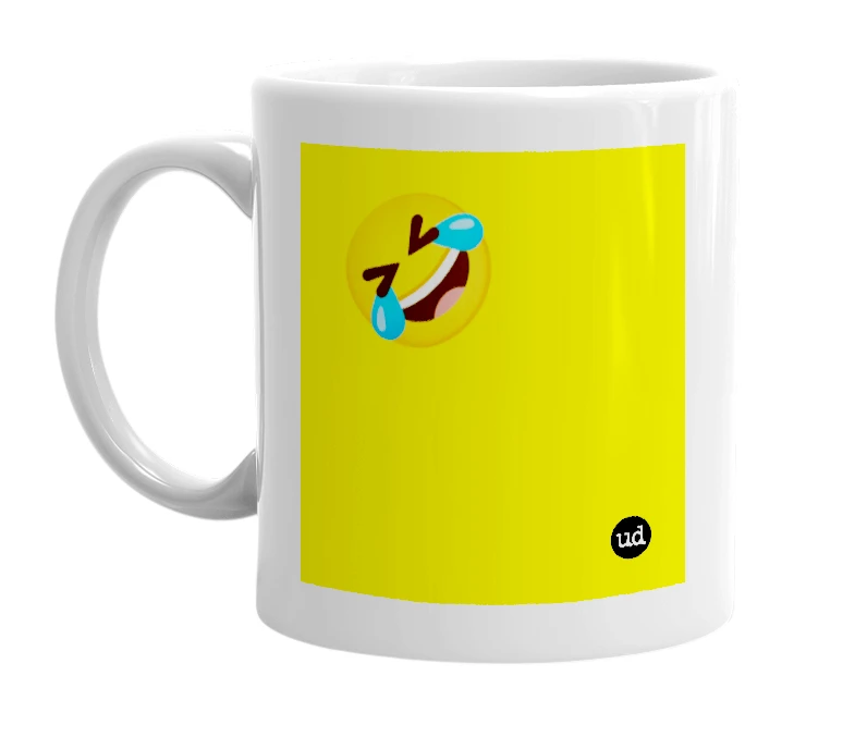 White mug with '🤣' in bold black letters