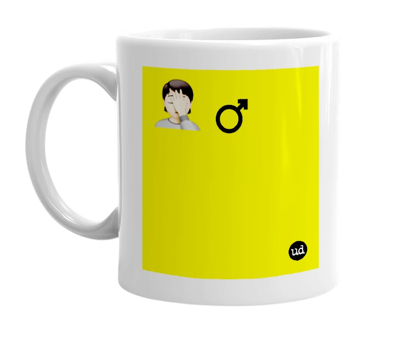 White mug with '🤦🏻 ♂️' in bold black letters
