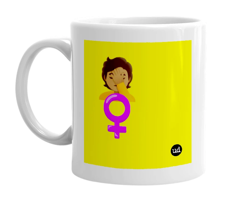 White mug with '🤦🏾 ♀️' in bold black letters