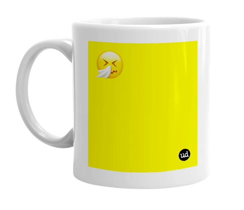 White mug with '🤧' in bold black letters