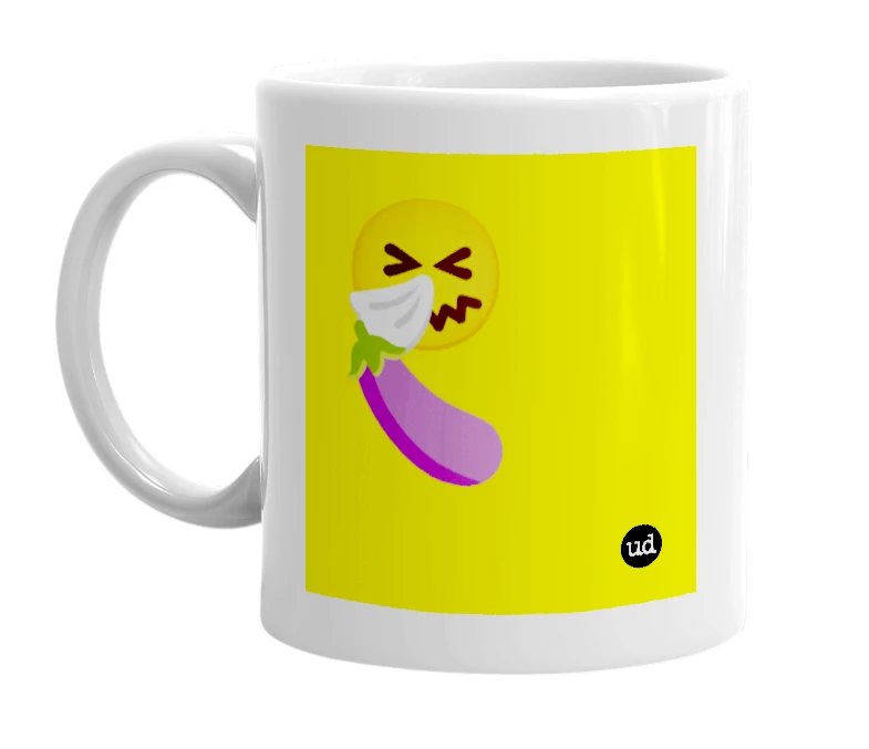 White mug with '🤧🍆' in bold black letters