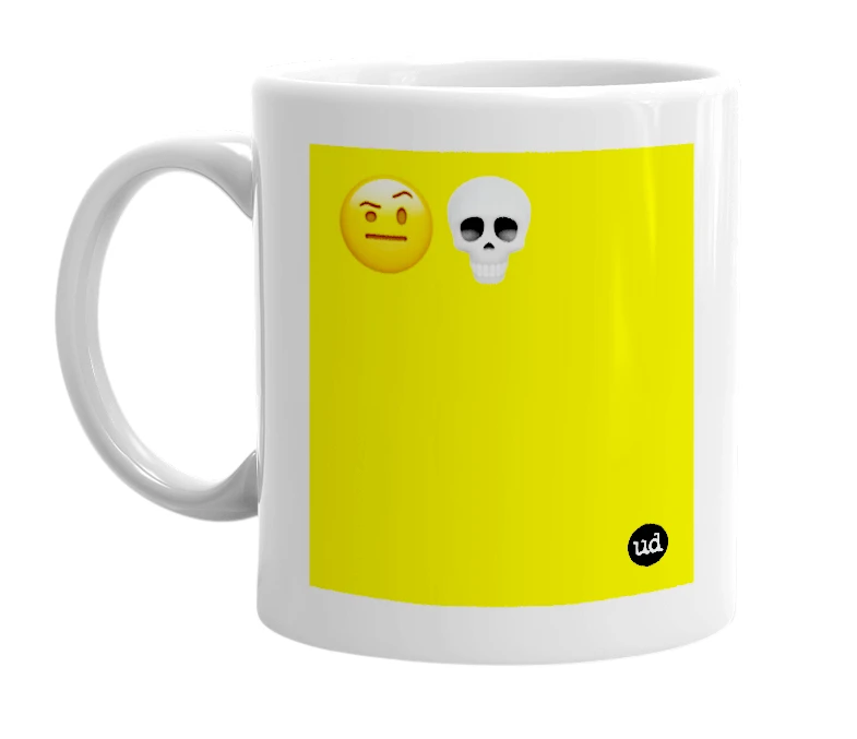 White mug with '🤨💀' in bold black letters
