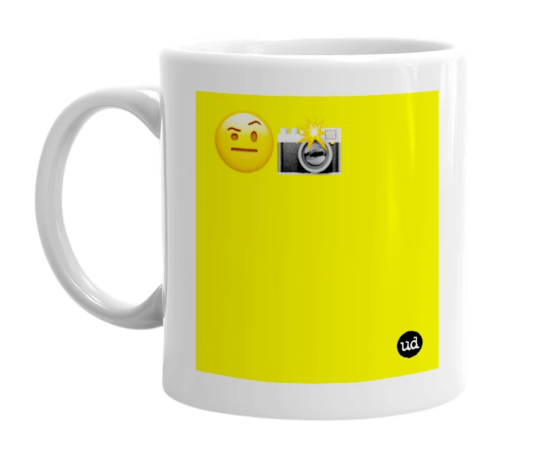 White mug with '🤨📸' in bold black letters