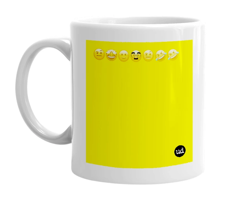 White mug with '🤨🤩🙂🥸🤨🤣🤣' in bold black letters