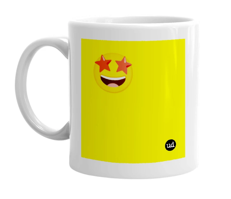 White mug with '🤩' in bold black letters