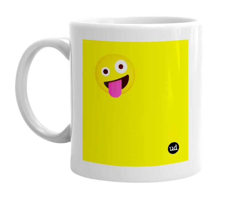White mug with '🤪' in bold black letters