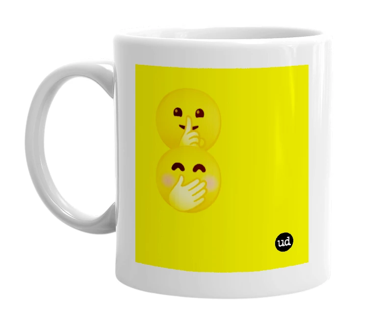 White mug with '🤫🤭' in bold black letters