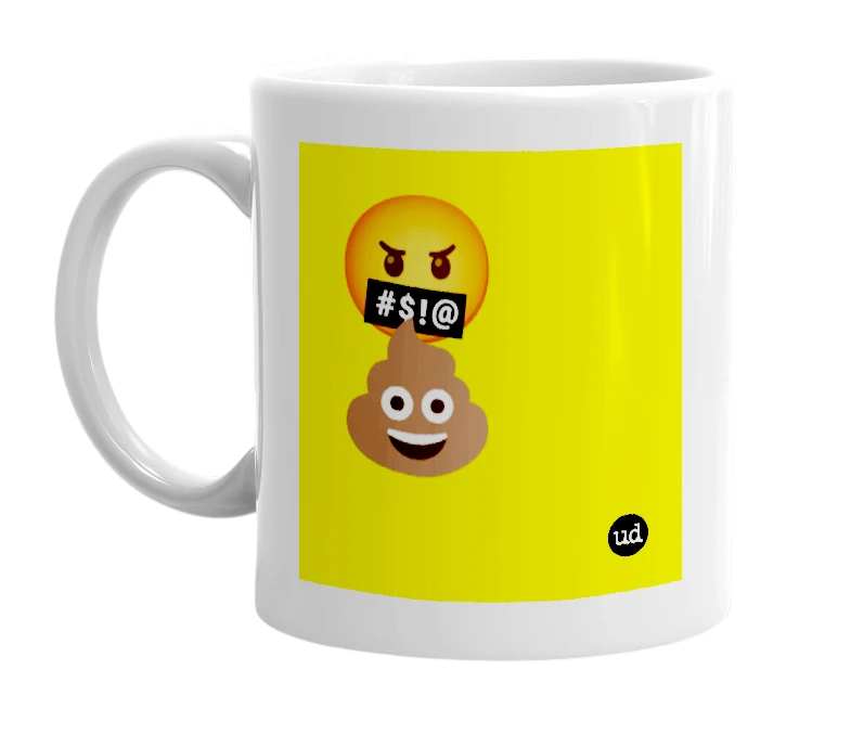 White mug with '🤬💩' in bold black letters