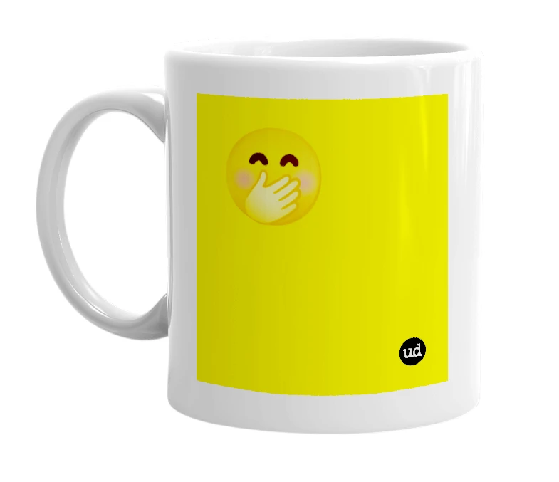 White mug with '🤭' in bold black letters