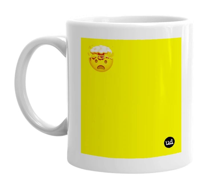 White mug with '🤯' in bold black letters
