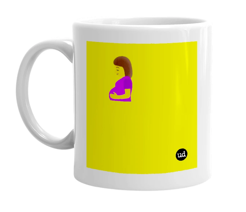 White mug with '🤰' in bold black letters