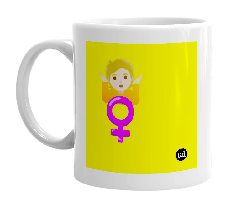 White mug with '🤷🏼 ♀️' in bold black letters