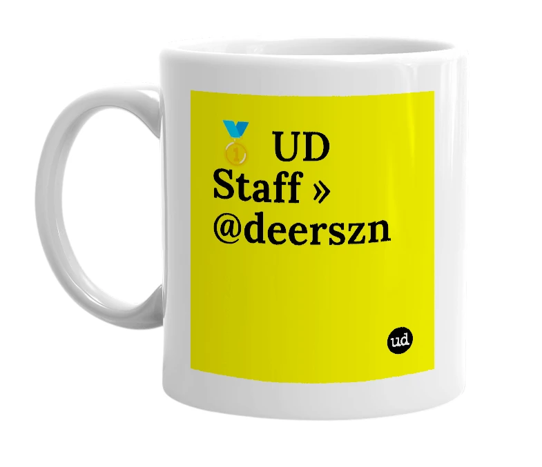 White mug with '🥇 UD Staff » @deerszn' in bold black letters