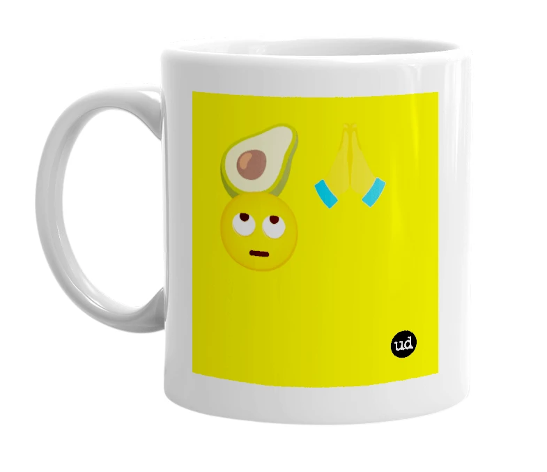 White mug with '🥑🙏🙄' in bold black letters