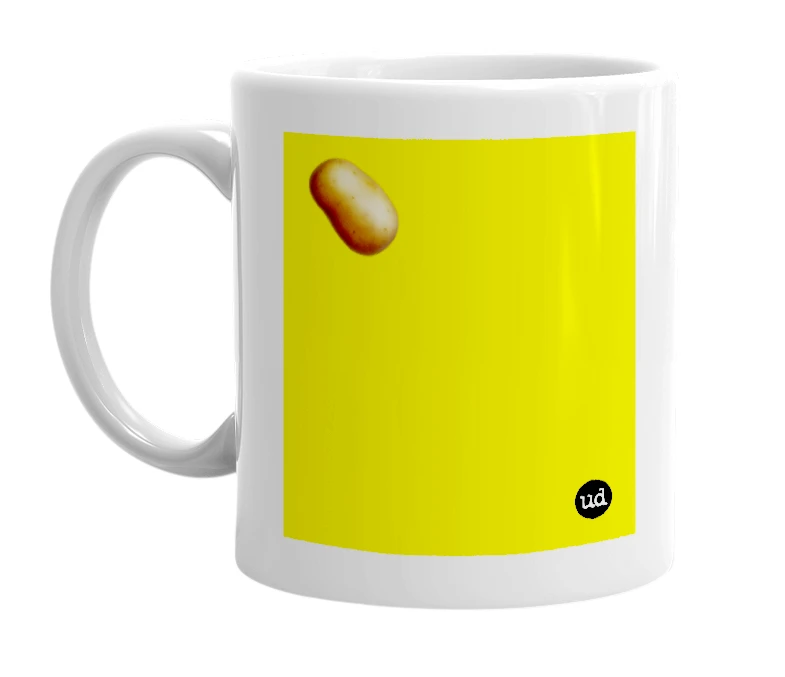 White mug with '🥔' in bold black letters