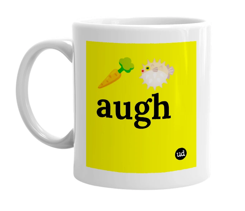 White mug with '🥕🐡augh' in bold black letters
