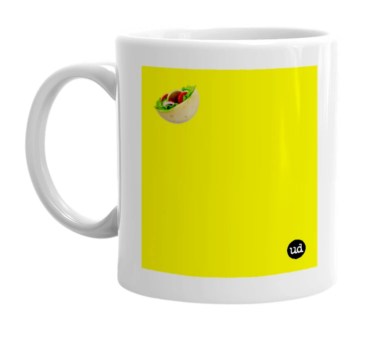 White mug with '🥙' in bold black letters