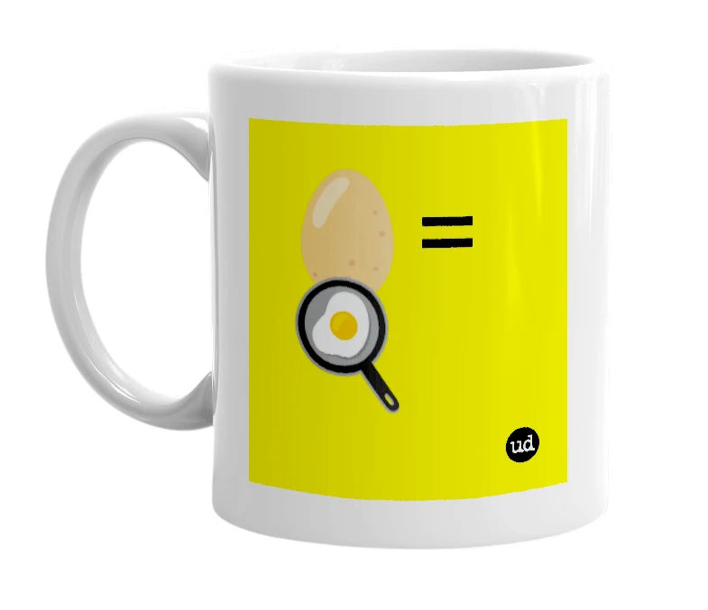 White mug with '🥚=🍳' in bold black letters